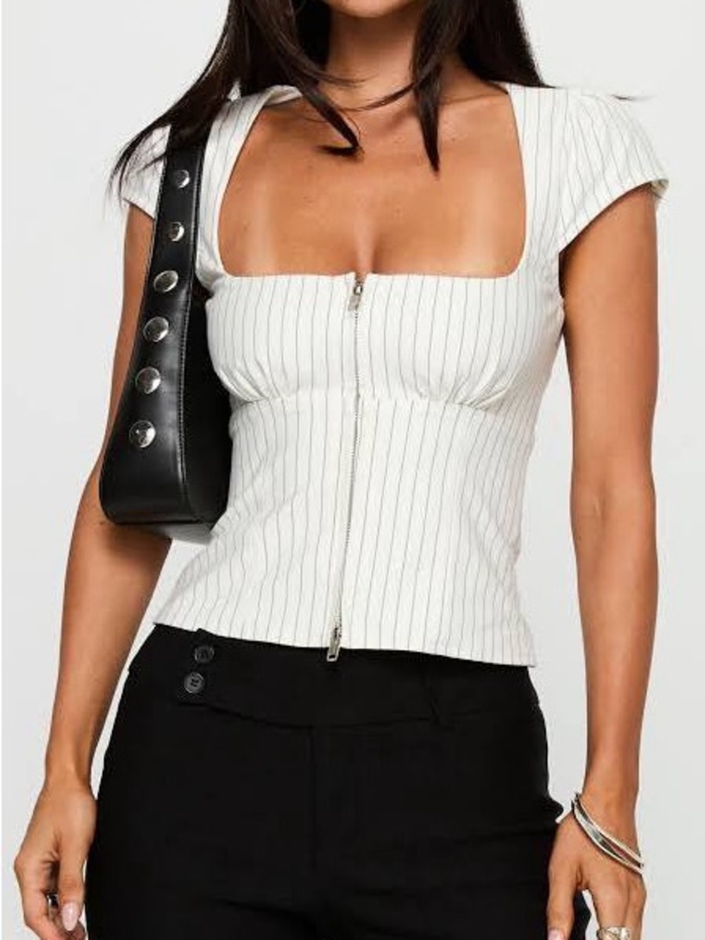Princess Polly White Pinstripe Square-Neck Zip-Up Top
